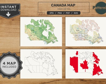 Canada Map Bundle. Printable Canadian Map Set. Political, Physical, Blank and Flag Map. Digital Download svg - jpg - png - pdf format!