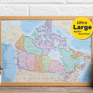 Carte politique du Canada. Grande affiche détaillée de la carte du Canada avec les villes et les capitales. Télécharger au format Jpg Png Svg Pdf. Pour les voyages, l'éducation, décoration