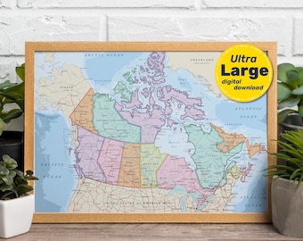 Political Map of Canada. Large detailed Canadian map poster with cities & capitals. Download in Jpg Png Svg Pdf. For Travel, Education Decor