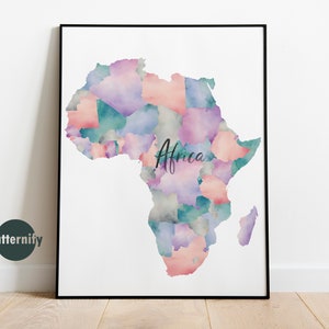Abstrakcyjna akwarela Afryka Mapa Wydruk. Kolorowa Mapa Afryki Wydrukuj Nowoczesny Plakat. Sztuka Ścienna. CYFROWE POBIERANIE. 2 Wersje w zestawie!