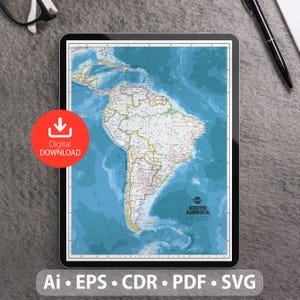 Südamerika Vektorkarte. svg, ai, eps, cdr und pdf-Dateien enthalten. Skalierbare, editierbare detaillierte Karte von Südamerika. Für Dekor, Studium & Reisen