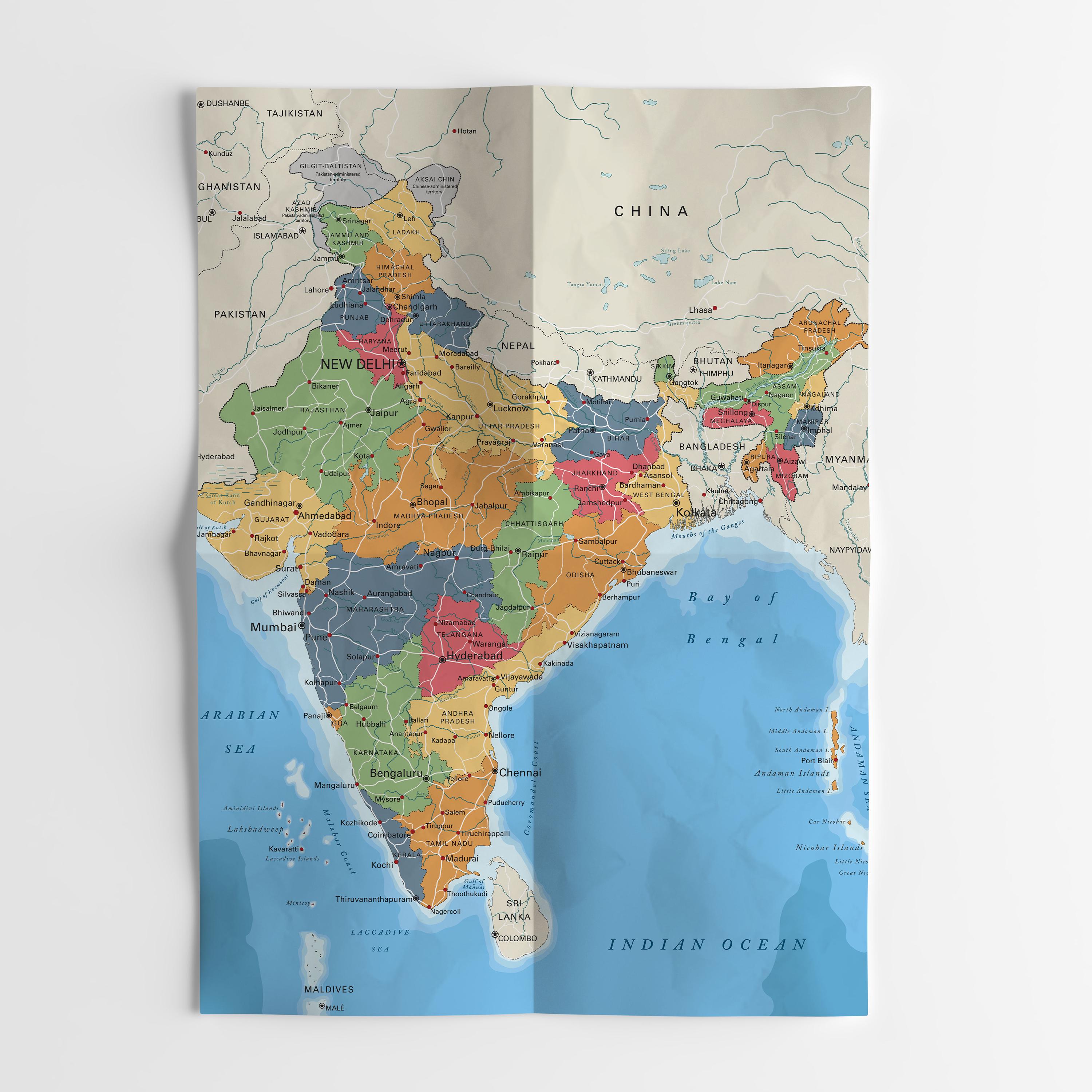India Political Map. Educational Detailed Indian Map Poster With Cities ...