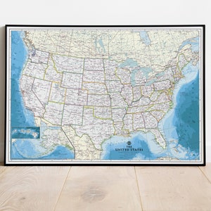 Carte politique des États-Unis | Affiche de carte murale des États-Unis, impression jet d'encre | Affiche classique de carte administrative des États-Unis. Carte pédagogique.Plusieurs tailles.
