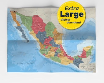 Political Map of Mexico. Large detailed Mexico map poster with cities & capitals. Digital download in Jpg Png Svg Pdf. Travel, Education.