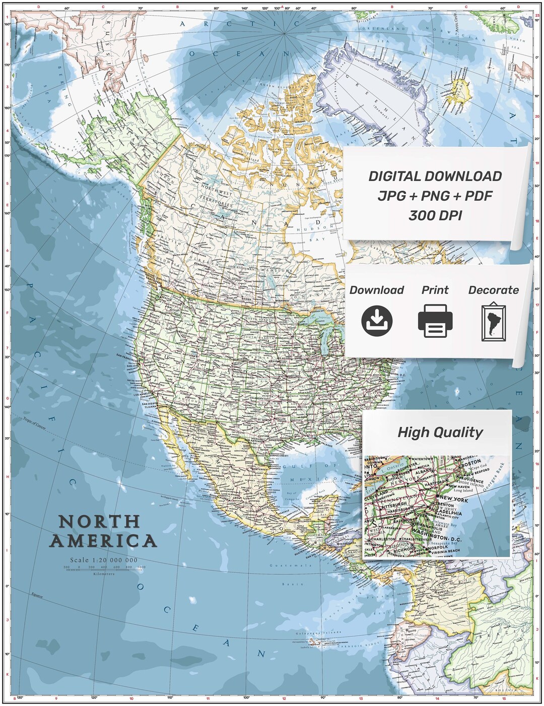 North America Map Print North America Map Wall Art PRINTABLE North America Map Print Digital ...
