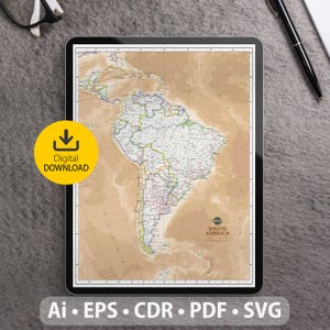 Mapa vectorial de Sudamérica. Archivos SVG, AI, EPS, CDR y PDF incluidos. Mapa detallado de Sudamérica escalable y editable. Para decoración, estudio y viajes.