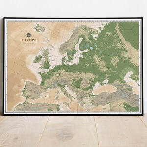 Geländekarte Europa | Europa Karte Poster Giclée-Druck | Europäische Landkarte des Kontinents Relief, Kunst auf Leinwand | Vintage sepiafarbene Landkarte als Wandbild