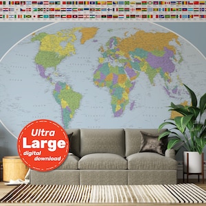 World Map Poster with countries, major cities and national flags. Political Map of the World. For School, classroom decoration. JPG PNG PDF