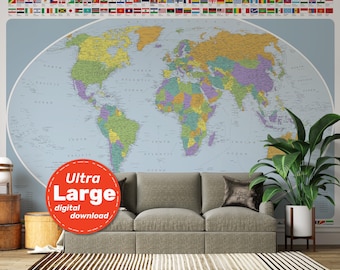 World Map Poster with countries, major cities and national flags. Political Map of the World. For School, classroom decoration. JPG PNG PDF