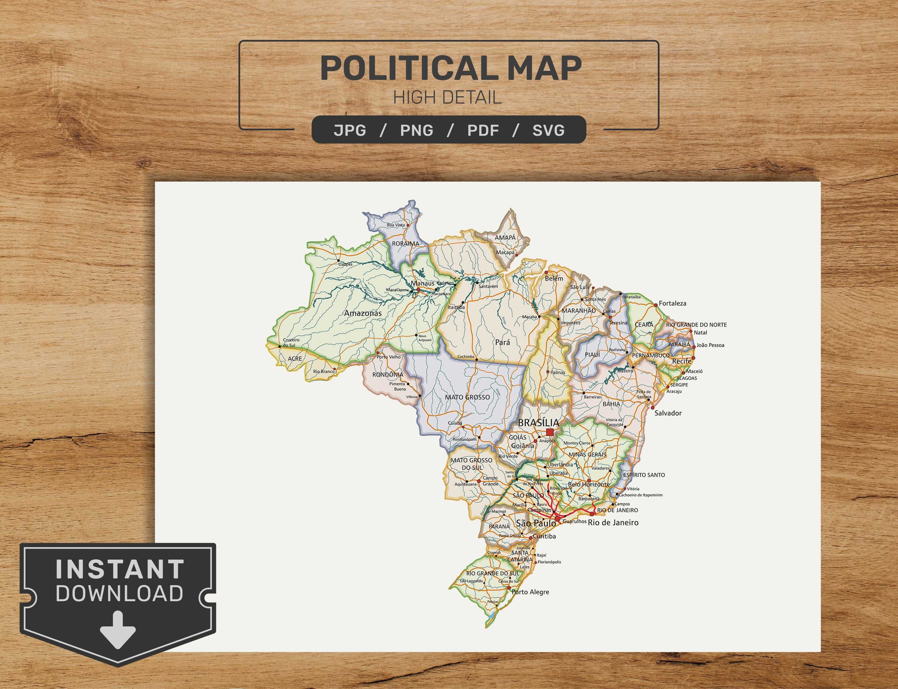 Brazil Map Bundle. Printable Brazilian Map Set. Political, Physical ...