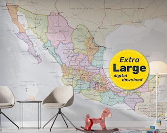 Political Map of Mexico. Large detailed Mexican map poster with cities & capitals. Download in Jpg Png Svg Pdf. For Travel, Education Decor