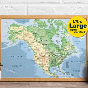 Mapa detalhado do terreno da América do Norte. Mapa digital das Américas com países, cidades, capitais. Impressão em alta resolução. svg, jpg, png e pdf.