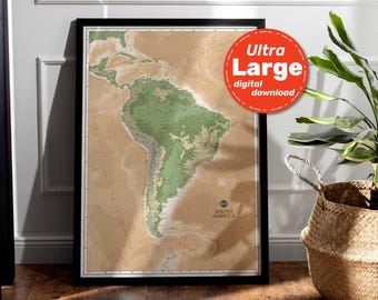 South America Terrain Map Print. High-Resolution PRINTABLE South America Map. South America Map Wall Art. For Travel, Education, & Decor.