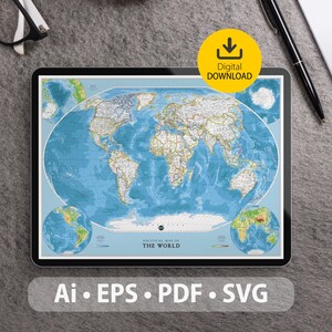 Mapa vectorial del mundo. Archivos SVG, AI, EPS, CDR y PDF incluidos. Mapa del mundo detallado, escalable y editable. Ideal para decoración, estudio y viajes.
