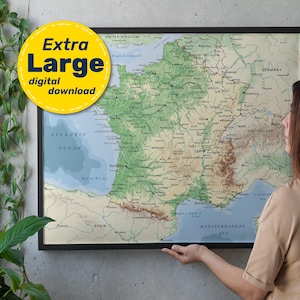 Frankrijk gedetailleerde fysieke kaart. Franse terrein vectorkaart. Educatieve kaartprint met steden en hoofdsteden. Svg, jpg, png en pdf direct downloaden