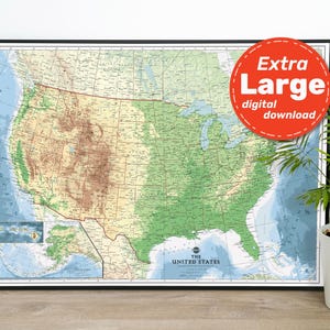Impresión de mapa del territorio de Estados Unidos. Mapa físico de EE. UU. IMPRIMIBLE de alta resolución. Arte mural con mapas de EE. UU. Descarga instantánea para viajes, educación y decoración