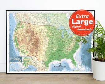 May include: A detailed map of the United States with topographical features, showing state borders and major cities. The map is framed in black and has a red label that says "Extra Large digital download".