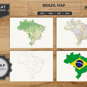 Pacchetto mappa Brasile. Set di mappe brasiliane stampabili. Mappa politica, fisica, vuota e con bandiere. Download digitale in formato svg - jpg - png - pdf!