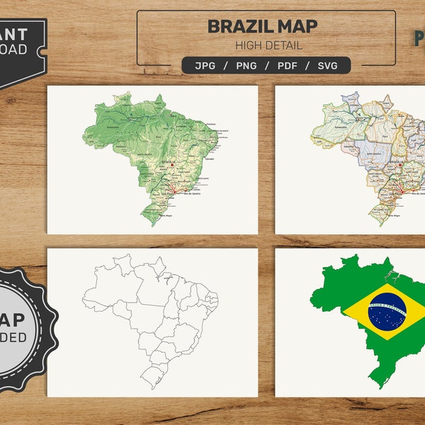 Brazil Map Bundle. Printable Brazilian Map Set. Political, Physical, Blank and Flag Map. Digital Download svg - jpg - png - pdf format!