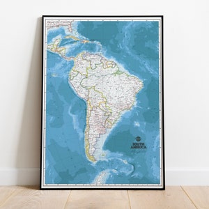 Landkarte von Südamerika | Südamerika Map Poster Giclée Print | Amerikanischer Kontinent, Landkarte, Landkarte auf Leinwand. Klassenzimmer Karte