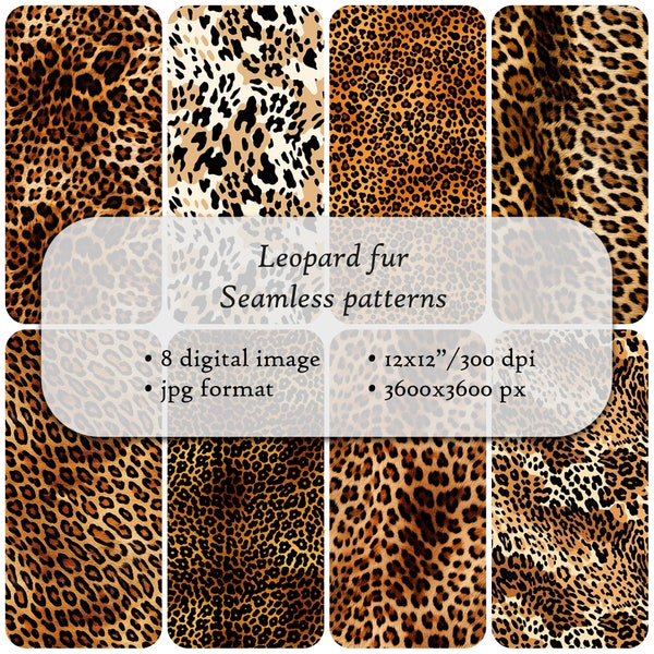 8 Leopard fur texture Seamless Patterns. Digital paper, commercial use, digital download, high quality.