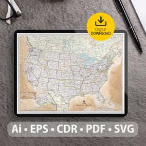 USA Vektorkarte. svg, ai, eps, cdr und pdf-Dateien enthalten. Skalierbare, editierbare detaillierte Karte der Vereinigten Staaten von Amerika. Für Dekor, Studium, Reisen