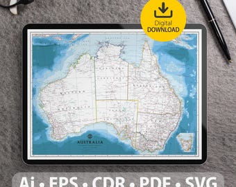 Australia vector map. Svg, ai, eps, cdr and pdf files included. Scalable, editable detailed Australia map. Ideal for Decor, Study & Travel.