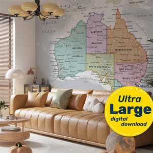 Mapa político de Australia. Póster grande imprimible a todo color con el mapa de Australia, países, ciudades y capitales. Descarga en formato jpg, png, svg y pdf.