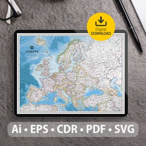 Mapa vectorial de Europa. Archivos SVG, AI, EPS, CDR y PDF incluidos. Mapa detallado de la Unión Europea escalable y editable. Ideal para decoración, estudio y viajes.