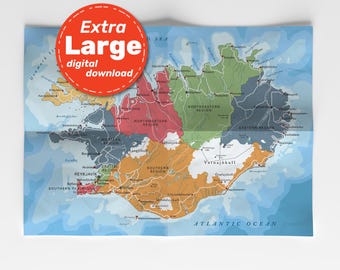 Political Map of Iceland. Large detailed Iceland map poster with cities & capitals. Digital download in Jpg Png Svg Pdf. Travel, Education.