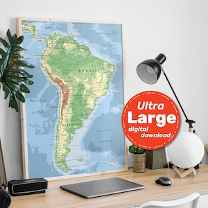 Mapa detallado del terreno de América del Sur. Mapa digital de las Américas con países, ciudades y capitales. Impresión en alta resolución. SVG, JPG, PNG y PDF.