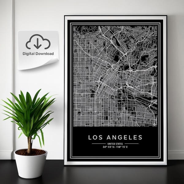 Los Angeles City Map Print, Modern Printable poster in 5 different aspect ratios, fit all frame sizes. Black and White. DIGITAL DOWNLOAD.