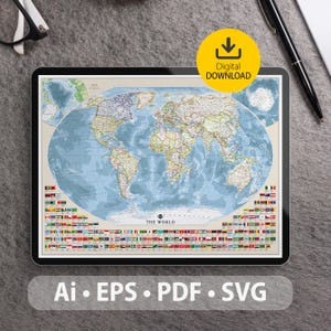 Mapa vectorial del mundo. Archivos SVG, AI, EPS, CDR y PDF incluidos. Mapa del mundo detallado, escalable y editable. Ideal para decoración, estudio y viajes.