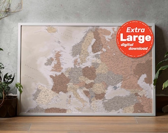Europe Beige Brown Map. Detailed Vintage political Europe Map with countries and cities. Printable Wall Art. For Travel, Education, & Decor.
