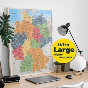 Politische Landkarte von Deutschland. Große detaillierte Deutschlandkarte als Poster mit Städten & Hauptstädten. Digitaler Download in Jpg Png SVG Pdf. Reisen, Bildung.