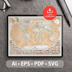 May include: A digital download of a world map with flags of the world displayed below. The map is on a tablet computer with a gray background. The text "Digital Download" is in red and white on a white arrow pointing down. The text "Ai. EPS. PDF. SVG" is below the tablet.