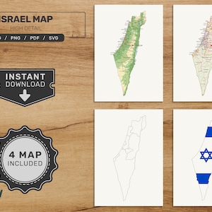 Pacchetto mappa Israele. Set di mappe israeliane stampabili. Mappa politica, fisica, vuota e con bandiere. Download digitale in formato svg - jpg - png - pdf!