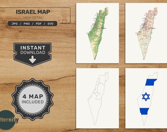 Israel Map Bundle. Printable Israeli Map Set. Political, Physical, Blank and Flag Map. Digital Download svg - jpg - png - pdf format!