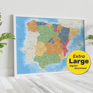 Mapa Político de España. Póster detallado con ciudades y capitales. Descarga digital instantánea en formatos Jpg, Png, Svg, y Pdf.