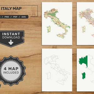 Pacchetto mappa Italia. Set di mappe italiane stampabili. Mappa politica, fisica, vuota e con bandiere. Download digitale in formato svg - jpg - png - pdf!