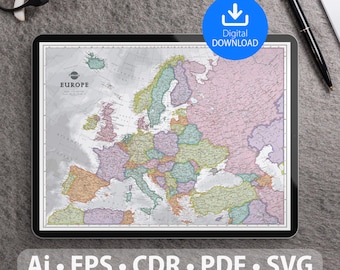 Europe vector map. Svg, ai, eps, cdr and pdf files included. Scalable, editable detailed European Union map. Ideal For Decor, Study & Travel
