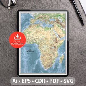 Mapa vectorial de África. Archivos SVG, AI, EPS, CDR y PDF incluidos. Mapa detallado del continente africano escalable y editable. Para decoración, estudio y viajes.