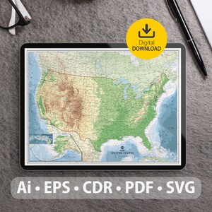Mapa vectorial de Estados Unidos. Archivos SVG, AI, EPS, CDR y PDF incluidos. Mapa detallado de los Estados Unidos de América escalable y editable. Para decoración, estudio y viajes.