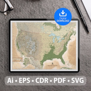 Mapa vectorial de Estados Unidos. Archivos SVG, AI, EPS, CDR y PDF incluidos. Mapa detallado de los Estados Unidos de América escalable y editable. Para decoración, estudio y viajes.