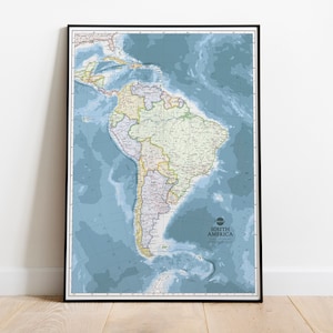 Mapa administrativo de América del Sur / Mapa de América del Sur Póster Impresión Giclee / Mapa político del continente americano sobre lienzo. Mapa del aula
