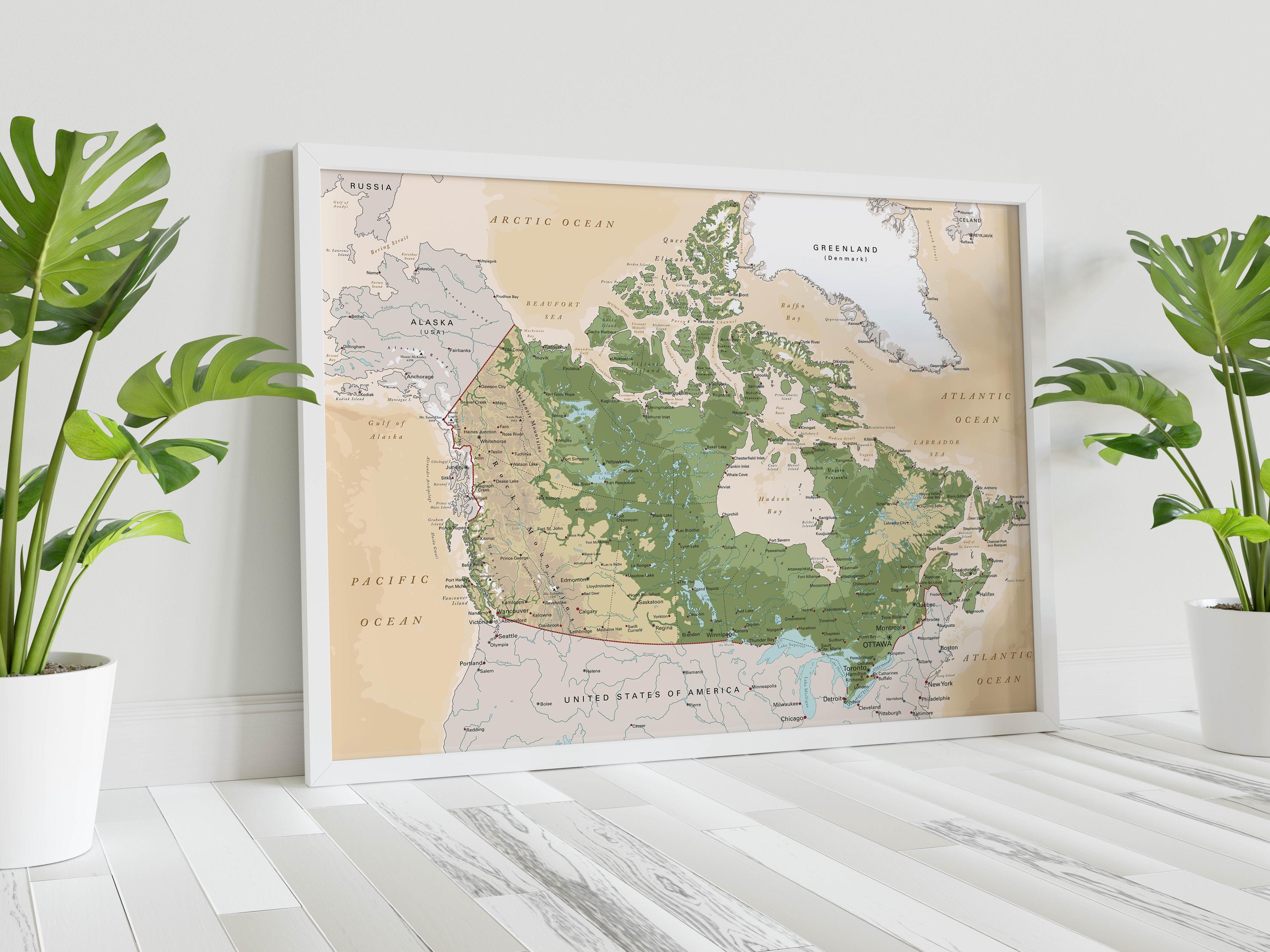 Canada Vintage Physical Map. Canadian Terrain Vector Map. Educational ...