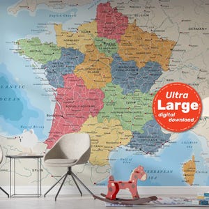 Carte politique de la France. Affiche détaillée avec villes et capitales. Formats Jpg, Png, Svg, Pdf. Idéal pour voyage, déco, éducation.