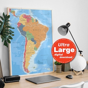 Mappa politica del Sud America. Grande poster stampabile della mappa delle Americhe a colori con paesi, città, capitali. Download di jpg, png, svg, pdf.