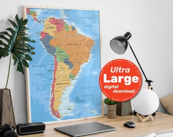 Südamerika Politische Landkarte. Große druckbare Landkarte Amerikas in Farbe mit Ländern, Städten und Hauptstädten. Jg, png, svg, pdf Download.