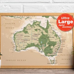 Gedetailleerde fysieke kaart van Australië. Vector Australië kaart. Educatieve continentprint. Directe digitale download met svg, jpg, png en pdf.